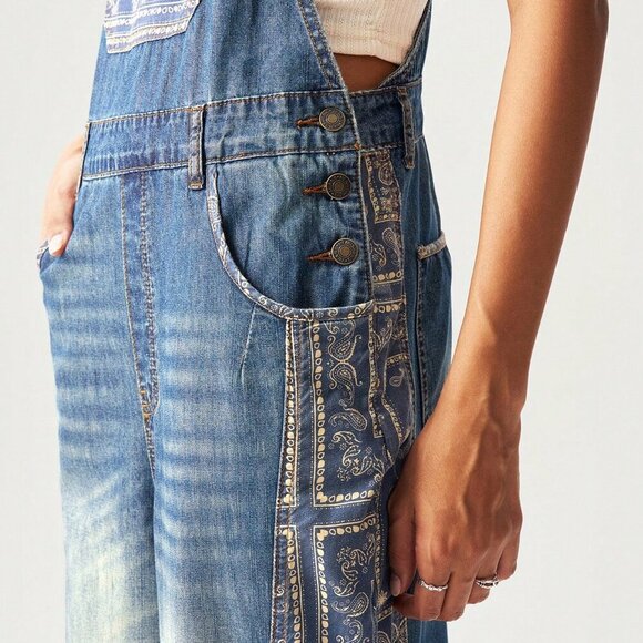 Medium Wash Casual Women's Woven Patchwork Wide-Leg Bib jumpsuit overall Pants - Picture 4 of 9